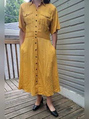 Vintage Liz Claiborne Petites Yellow Button Front Rayon Midi Dress Sz 10 Boho